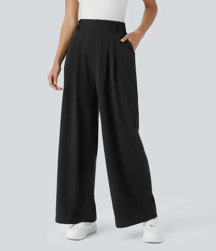 Back view of women's comfortable stretch trousers, showing flattering fit & stylish design. Versatile women's pants.