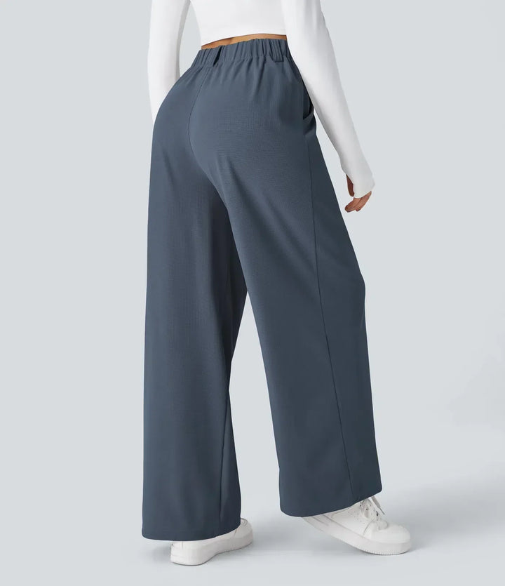 Detail of waistband on women's comfortable stretch pants, designed for a perfect, flexible fit. Everyday women's trousers.