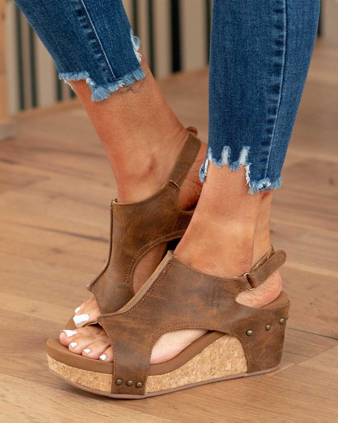 Women's comfortable vegan wedge sandals, ergonomic design, PU leather upper, cork heel, summer footwear.