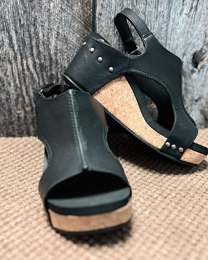 Vegan women's wedge sandals, comfortable ergonomic design, cork heel, perfect for warm weather.