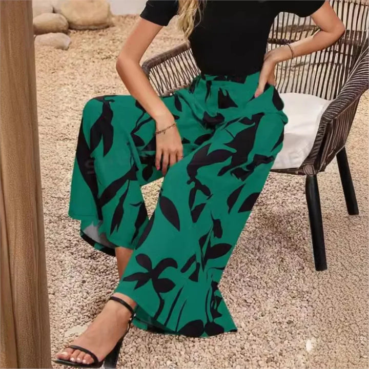 Stylish women's printed wide leg pants, a comfortable statement piece for spring summer casual wear.