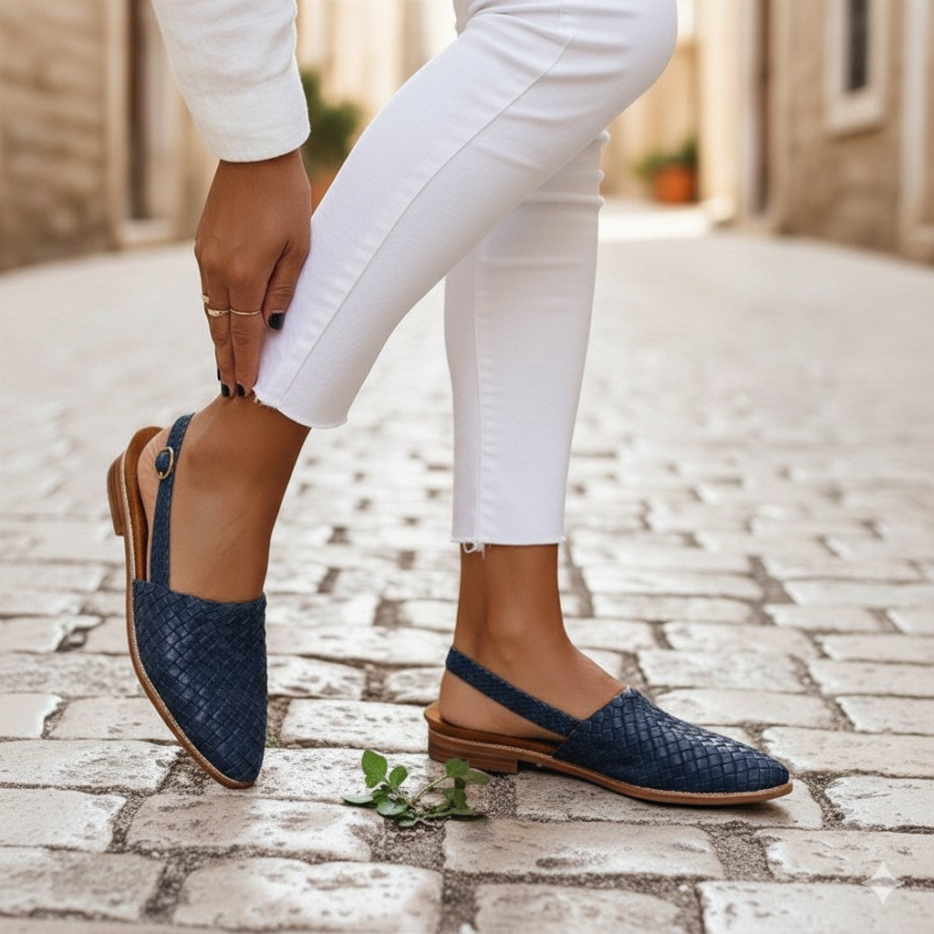 Close-up of women's intricate woven flats, showcasing the texture and cushioned insole for ultimate comfort.