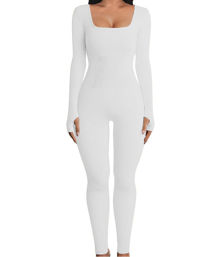 Women's comfortable yoga jumpsuit, bodycon activewear with square neck and fitted sleeves, perfect for casual style.