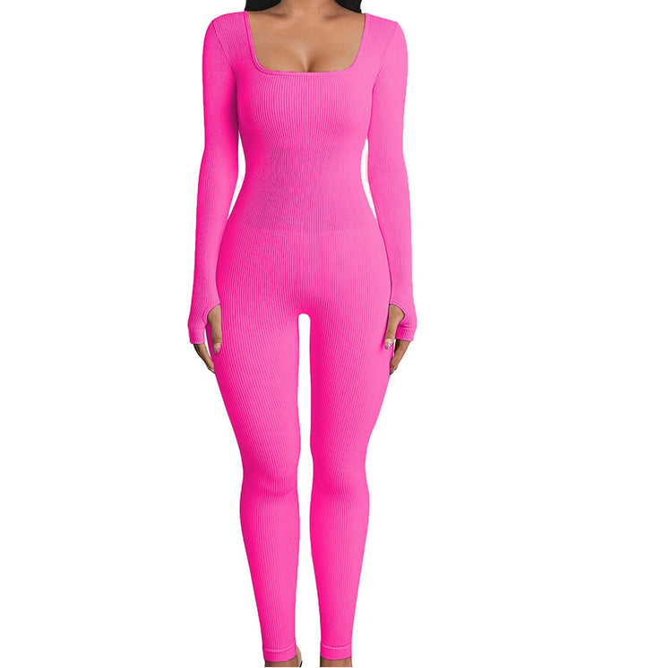 Athletic women's bodycon jumpsuit featuring a square neck and fitted sleeves, ideal for activewear and yoga.