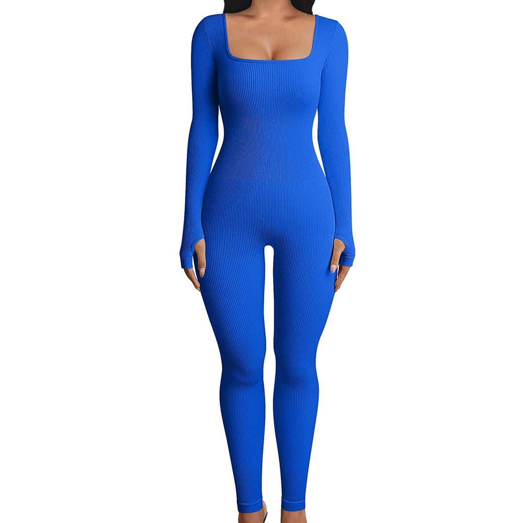 Modern women's jumpsuit, chic square neck & fitted sleeves design, comfortable for yoga, casual or activewear.