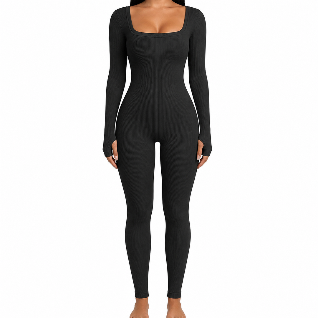 Full-length women's bodycon jumpsuit with square neck and fitted sleeves, offering versatile fashion & comfort.