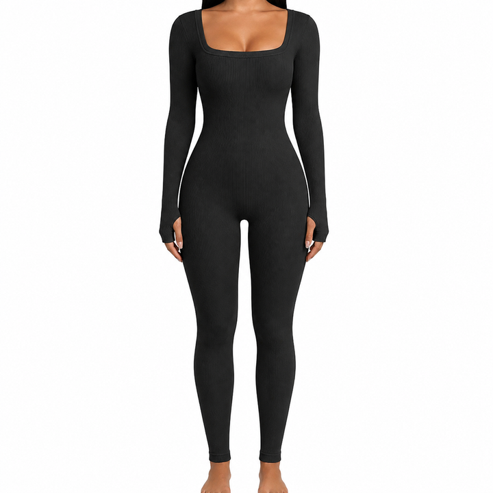 Full-length women's bodycon jumpsuit with square neck and fitted sleeves, offering versatile fashion & comfort.
