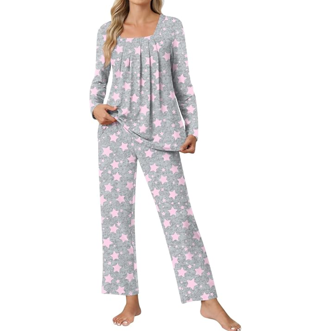 Women's soft 2-piece pyjama set, comfy lounge wear with pockets and a relaxed fit.