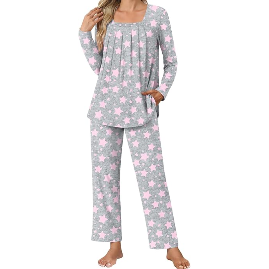 Stylish & comfy women's 2-piece lounge pyjama set, soft fabric, relaxed fit, perfect home wear with pockets.