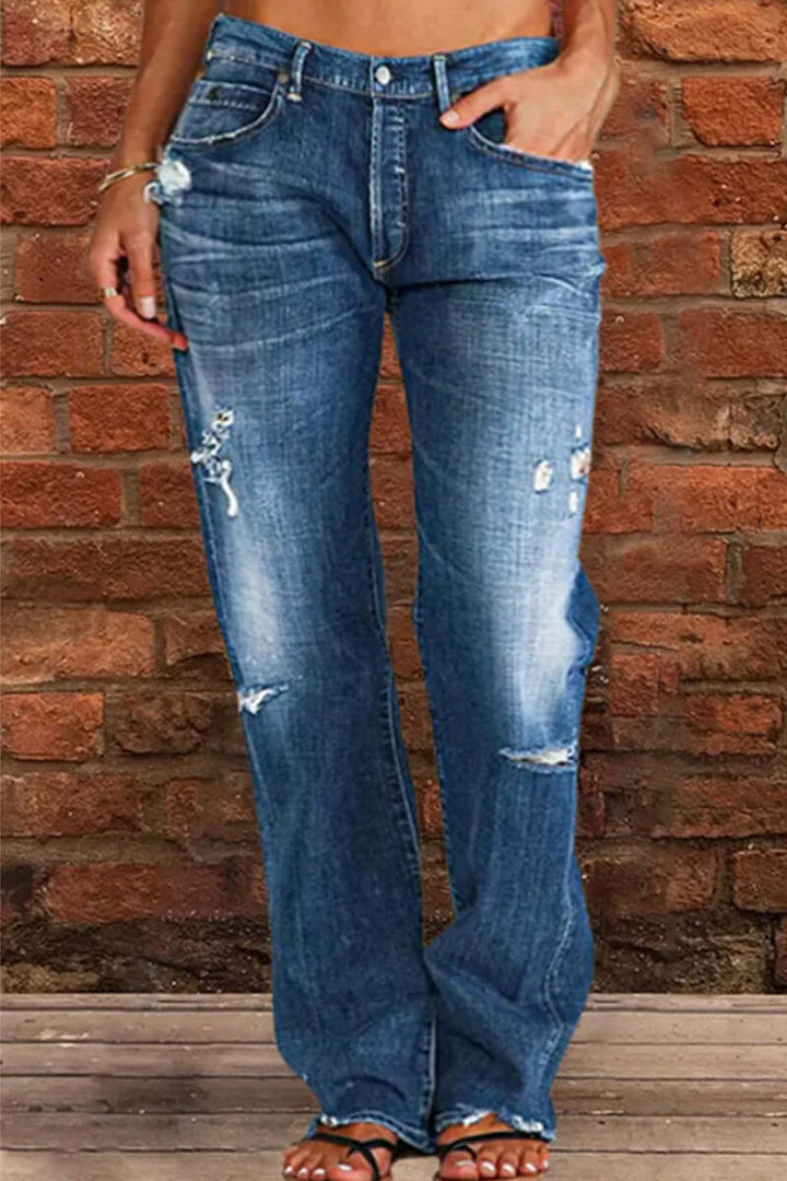 Women's comfy straight leg casual blue denim jeans, perfect for versatile everyday wear and classic style.