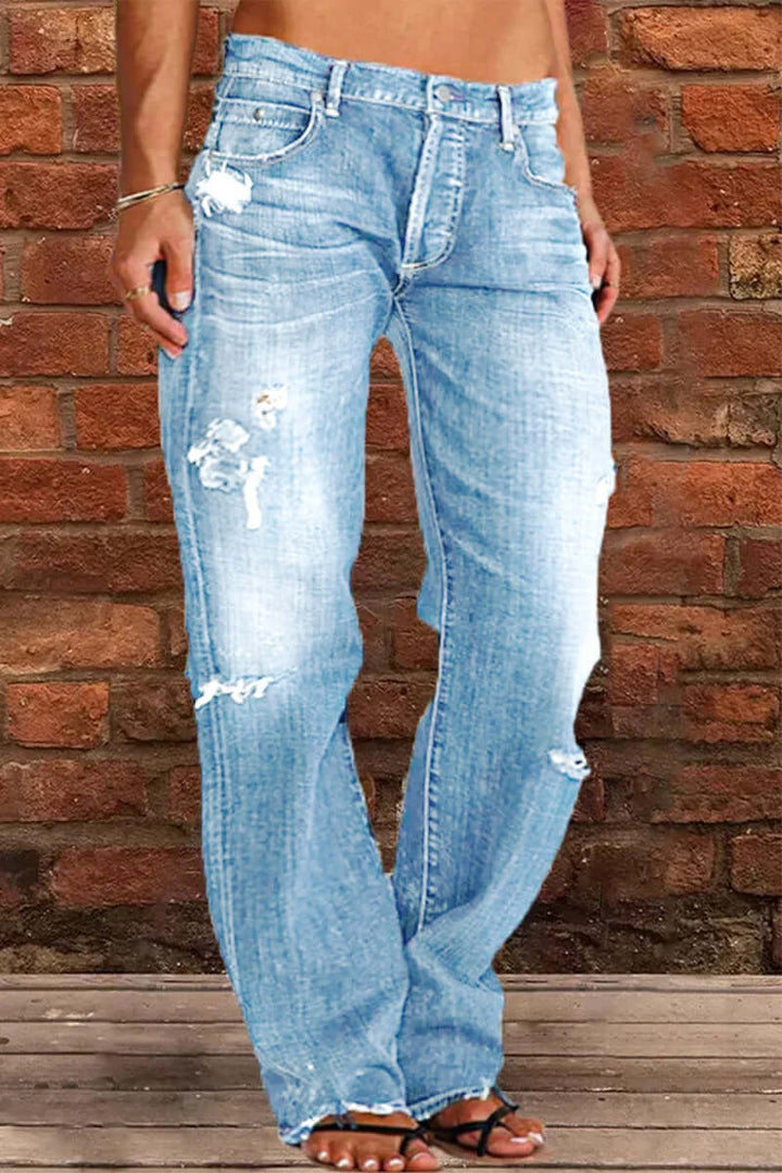 Comfortable women's blue straight leg jeans, offering a versatile, fashion-forward look for daily wear.