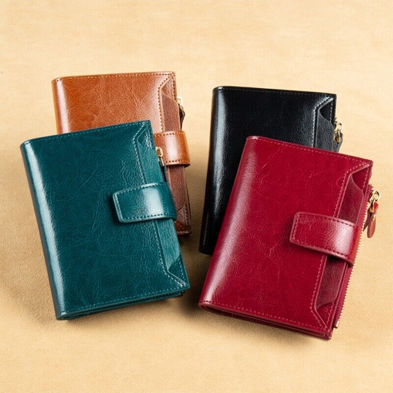 Women's compact genuine leather RFID wallet, multi-functional with card slots & coin purse.