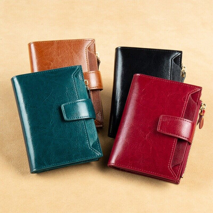 Women's compact genuine leather RFID wallet, multi-functional with card slots & coin purse.