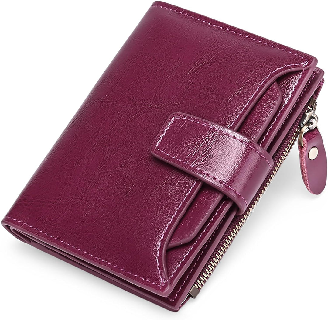 Elegant women's leather RFID wallet, compact design for cards, cash, and coins.