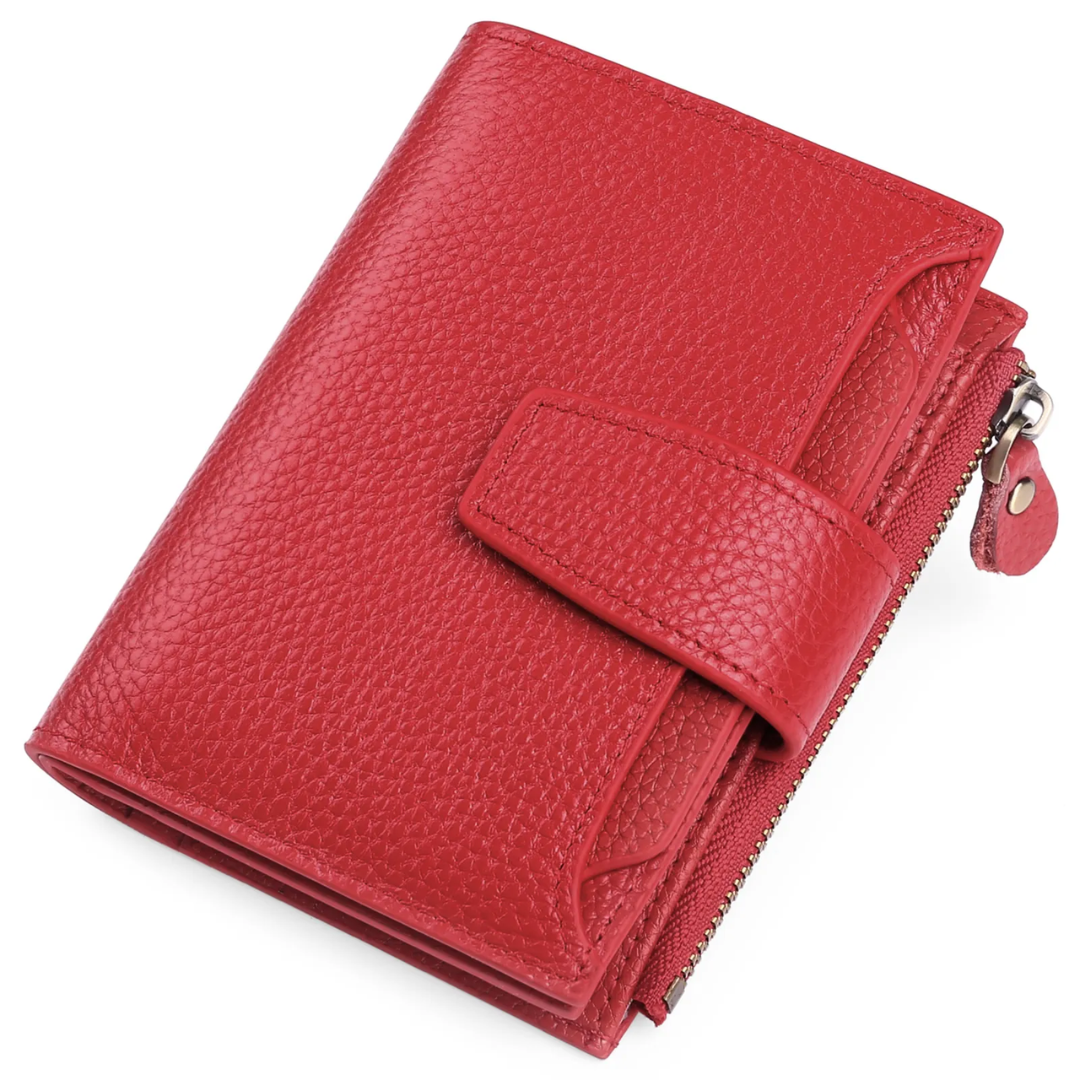 Secure women's card holder and coin purse, compact genuine leather RFID blocking wallet.