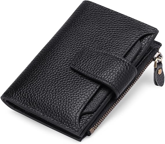 Genuine leather women's compact wallet, RFID protected for security and organization.