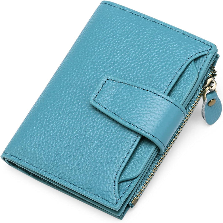 Secure women's minimalist leather wallet, compact, multi-functional with RFID blocking.
