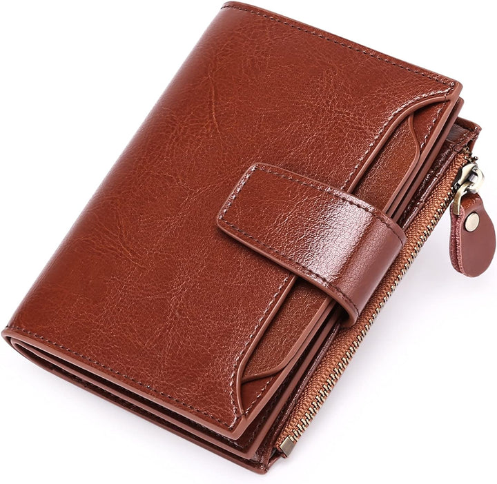 Secure compact women's leather wallet featuring RFID blocking for cards and coins.
