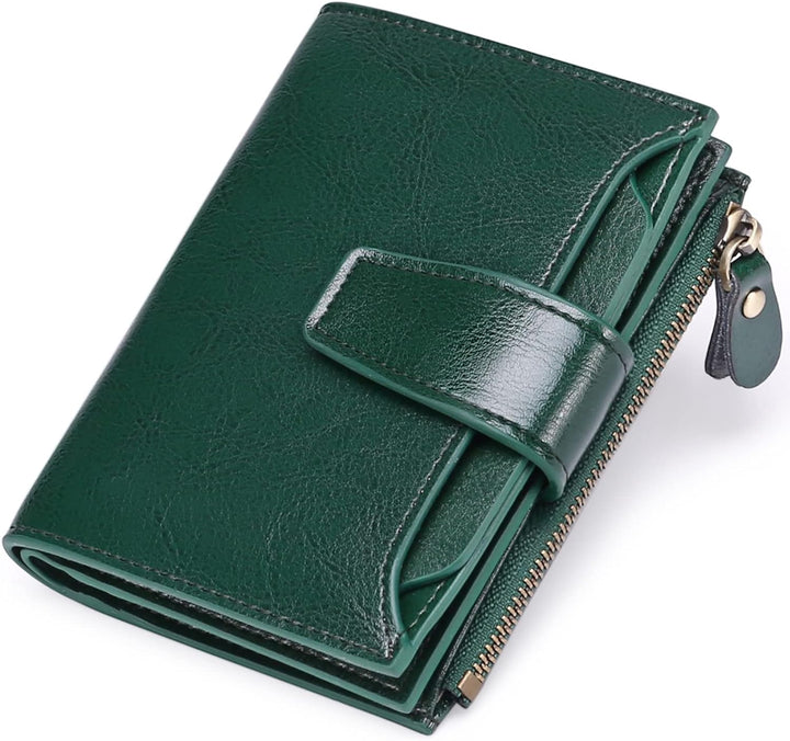 Compact women's multi-functional wallet, secure RFID blocking and genuine leather finish.