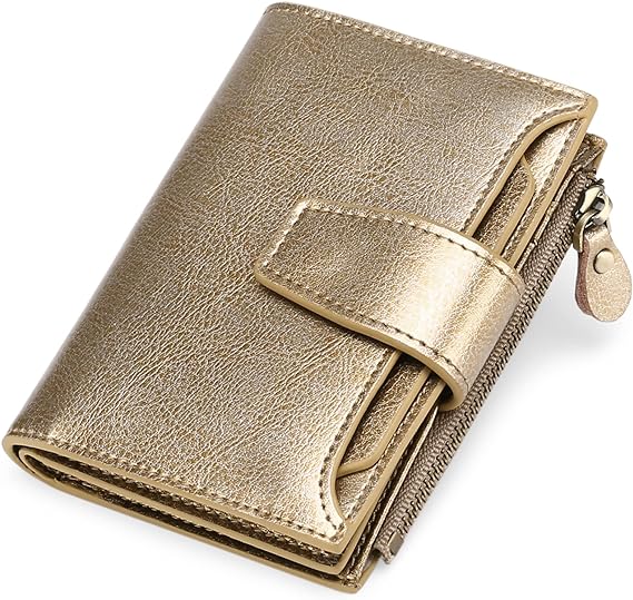 Women's genuine leather wallet, compact and secure with RFID protection for travel cards.