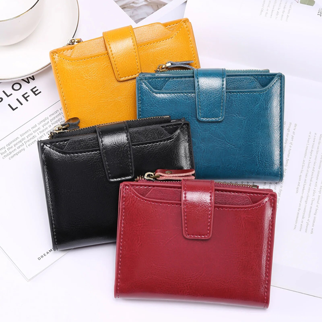 Practical women's compact RFID leather wallet, multi-functional for cards, cash & coins.