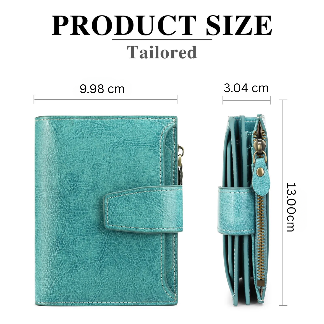 Women's multi-functional compact genuine leather wallet, secure RFID blocking technology.
