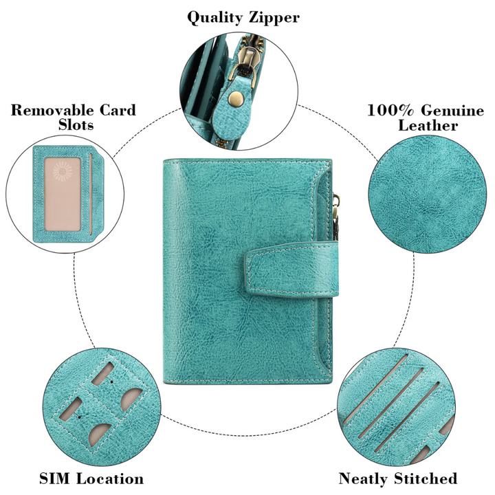Modern women's compact leather wallet with RFID blocking, multi-functional design.