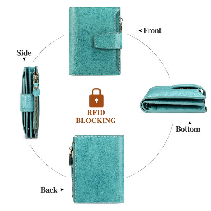 Secure women's travel accessory: compact genuine leather RFID wallet & card holder.