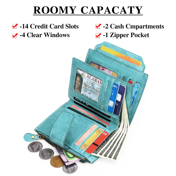 Compact women's RFID blocking wallet, made from genuine leather, a multi-functional purse.