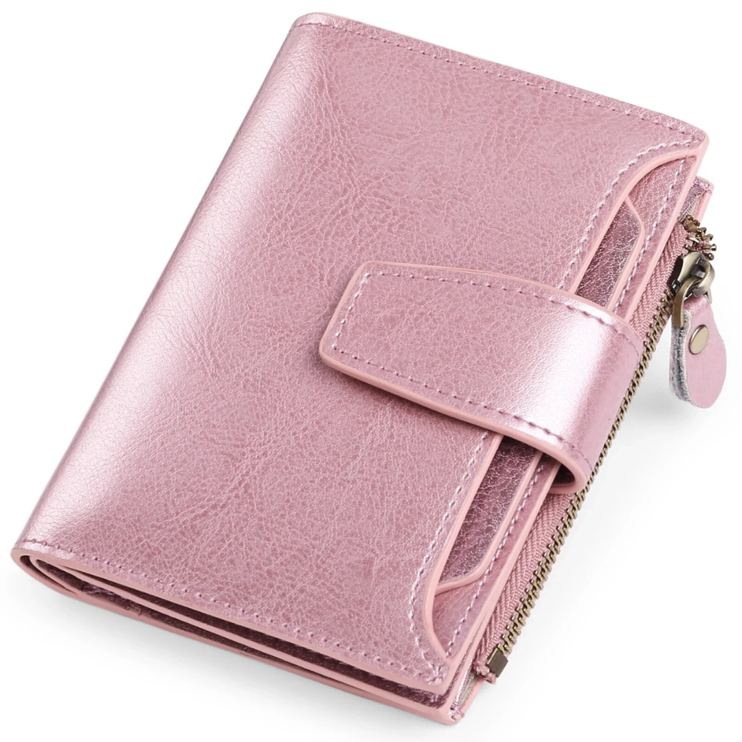 Multi-functional women's RFID blocking wallet in genuine leather, perfect for cards.