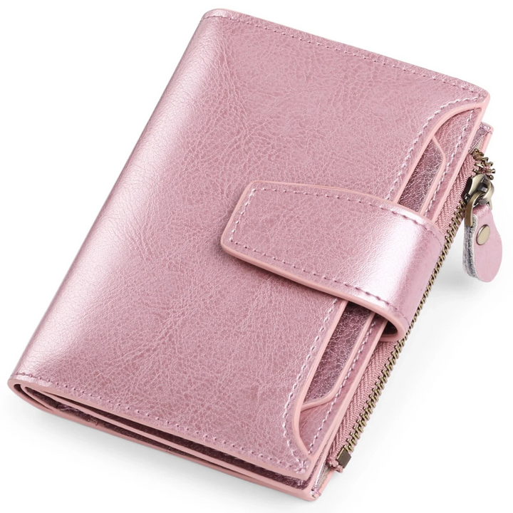 Multi-functional women's RFID blocking wallet in genuine leather, perfect for cards.