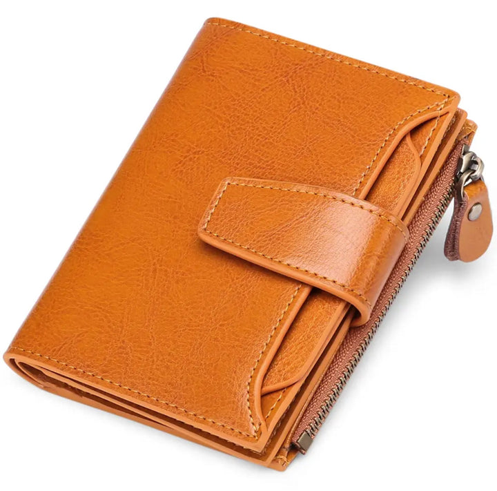Front view of a durable women's leather wallet, featuring RFID protection & a secure snap closure.