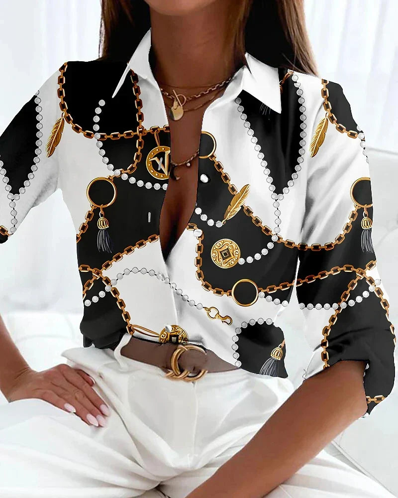 Modern women's blouse with an eye-catching print, suitable for both office elegance and sophisticated everyday wear.