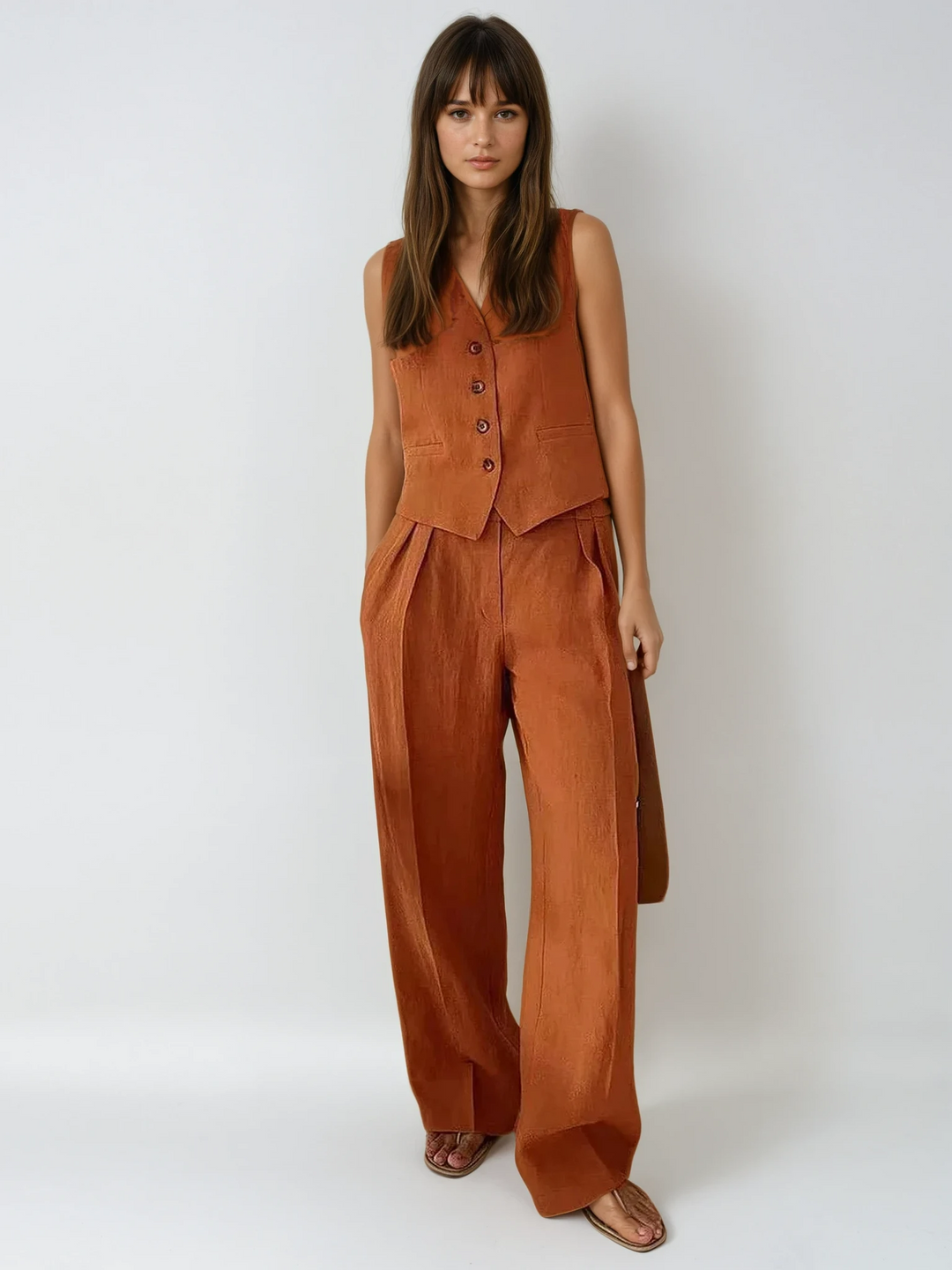 Women's cotton linen two-piece set: relaxed waistcoat & wide-leg pants for effortless summer style.