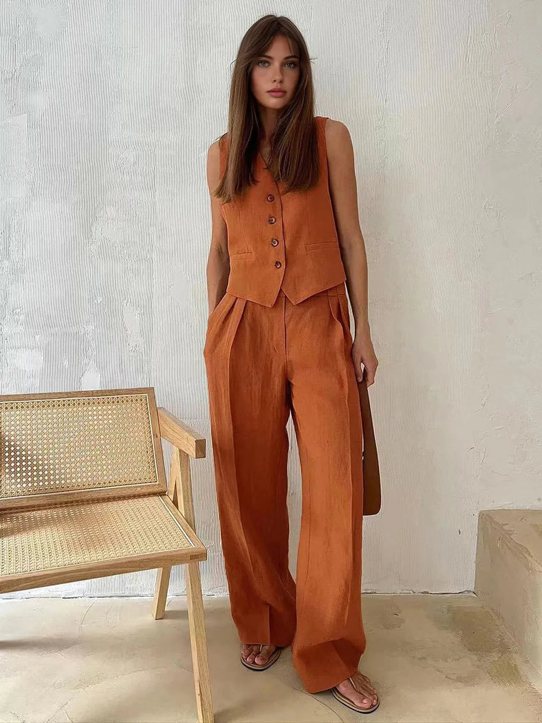 Chic women's cotton linen summer set with a relaxed waistcoat & wide-leg pants, perfect for casual wear.