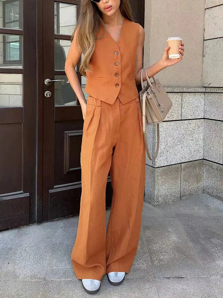 Summer women's two-piece set: cotton linen wide-leg pants & relaxed fit waistcoat for chic casual style.