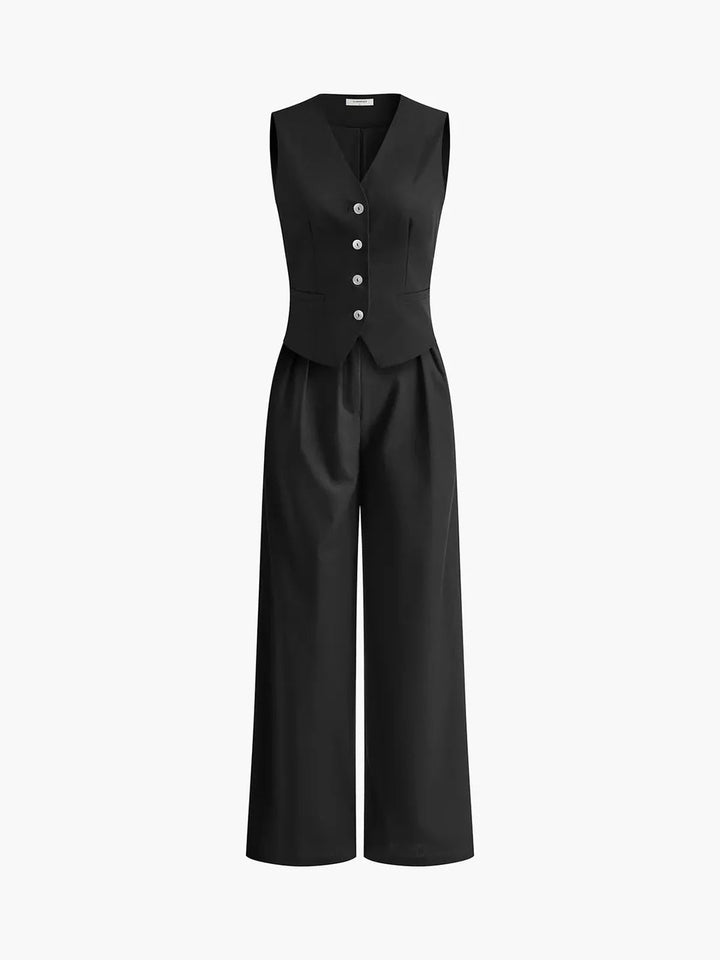 Versatile women's cotton linen summer two-piece set: relaxed fit waistcoat & wide-leg pants for effortless chic.