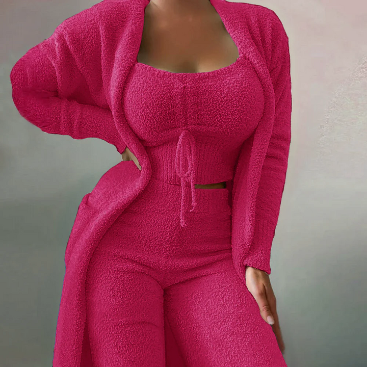 Stylish women's 3-piece knit loungewear set in a neutral color, ideal for cozy home wear or casual outings.