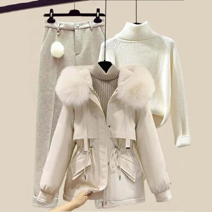 Women's cozy beige knitted hoodie lounge set, perfect for relaxation & comfortable winter wear. Two-piece relaxed fit.