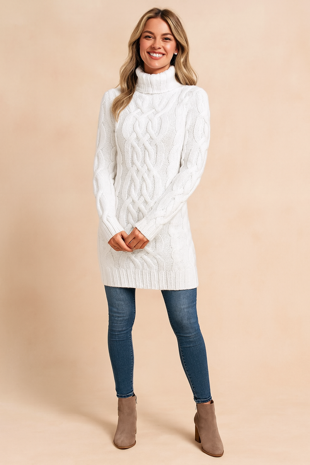 Warm long sleeve cable knit turtleneck sweater dress for women, versatile winter knitwear.