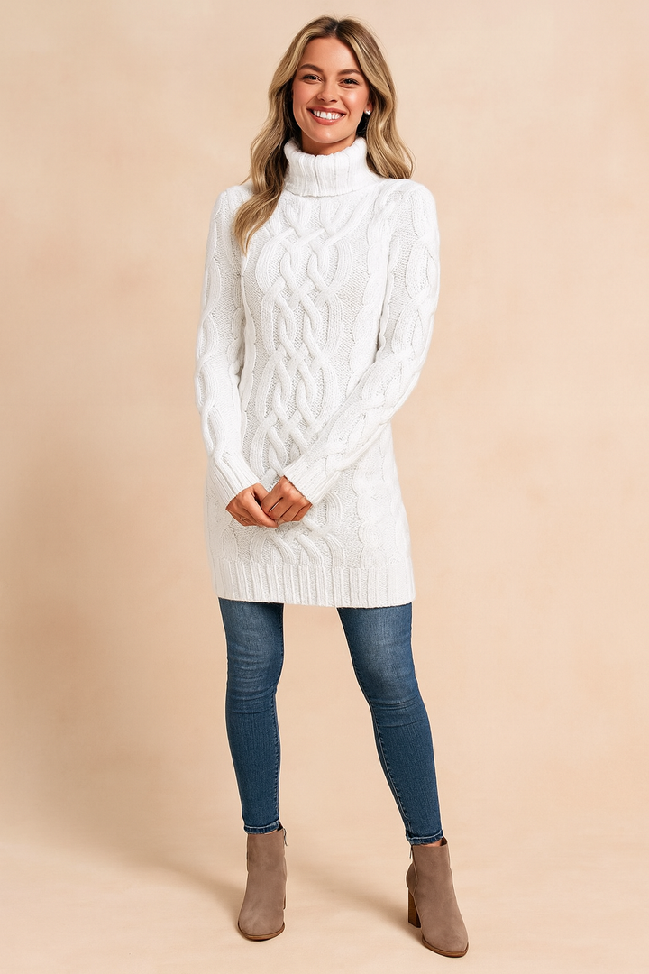 Warm long sleeve cable knit turtleneck sweater dress for women, versatile winter knitwear.