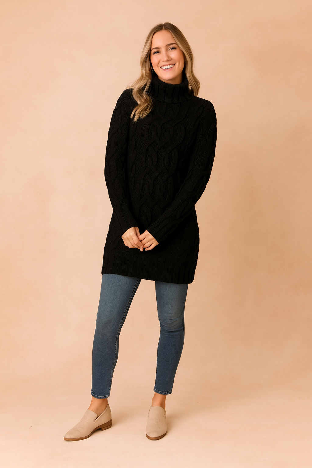 Cozy women's cable knit turtleneck sweater dress, perfect for versatile and elegant winter wear.