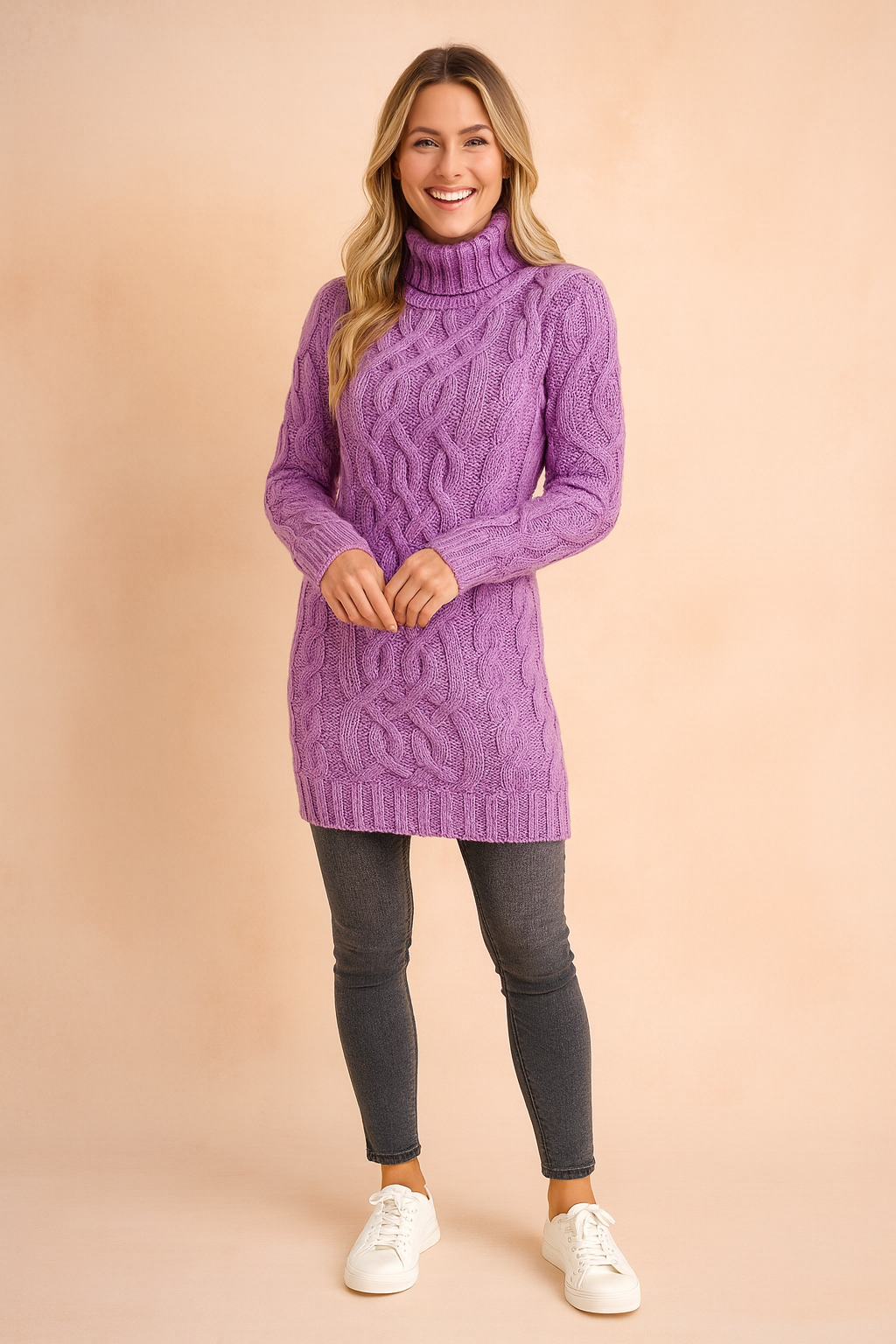 Versatile women's cable knit turtleneck sweater dress, ideal for casual and elegant winter outfits.