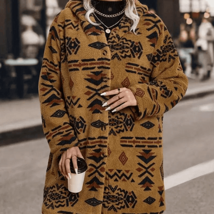 Warm & cozy women's camel hooded winter jacket. Stylish relaxed fit outerwear, perfect for essential protection in cold weather.