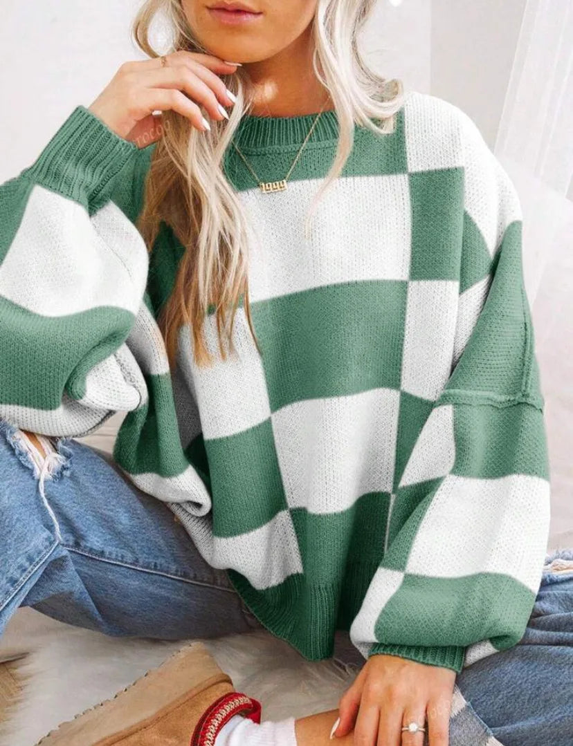 Stylish women's checkerboard knit sweater. Cozy, relaxed, ideal for fall & winter.
