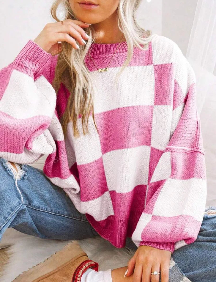 Trendy women's cozy checkerboard sweater. Versatile for fall & winter casual looks.