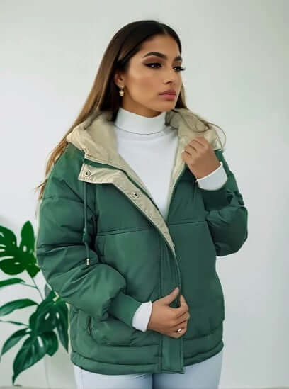 Women's fleece-lined hooded jacket. Warm, cozy, stylish winter coat for women.