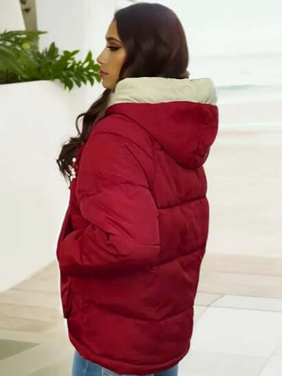 Casual women's outerwear: fleece-lined hooded jacket, perfect for staying warm outdoors.