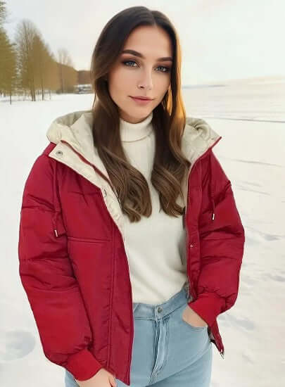 Modern women's hooded jacket, fleece-lined for warmth & style, a must-have winter essential.