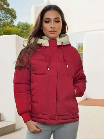 Women's cozy fleece-lined hooded jacket. Warm winter coat, stylish and comfortable casual wear.